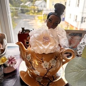 Floral Orange Ceramic Teapot Wimsies Assemlage with Lavonda.